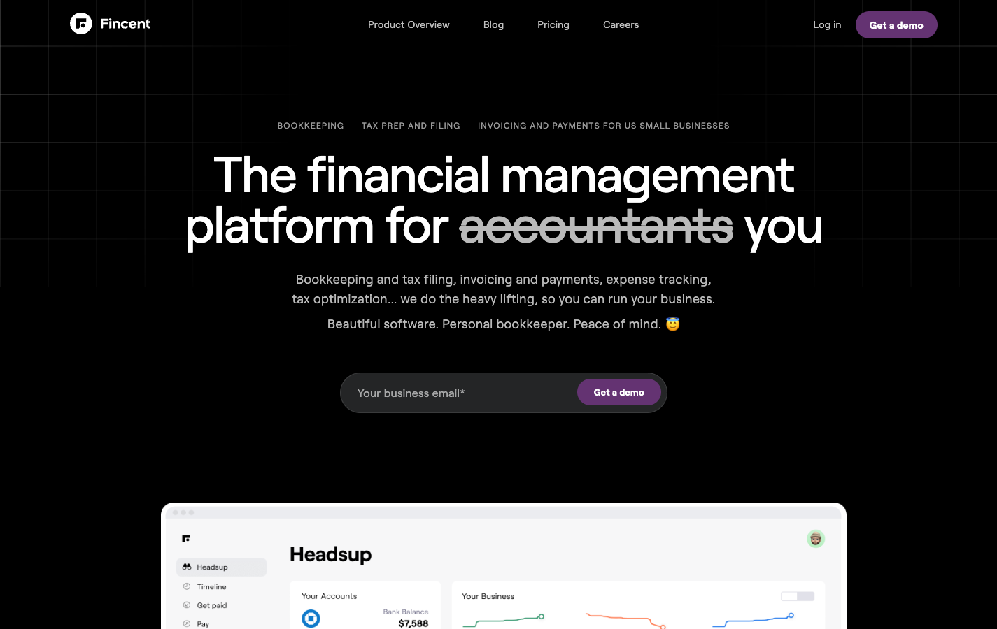 Fincent homepage, March 2023. VPC narrative layout with testimonials.