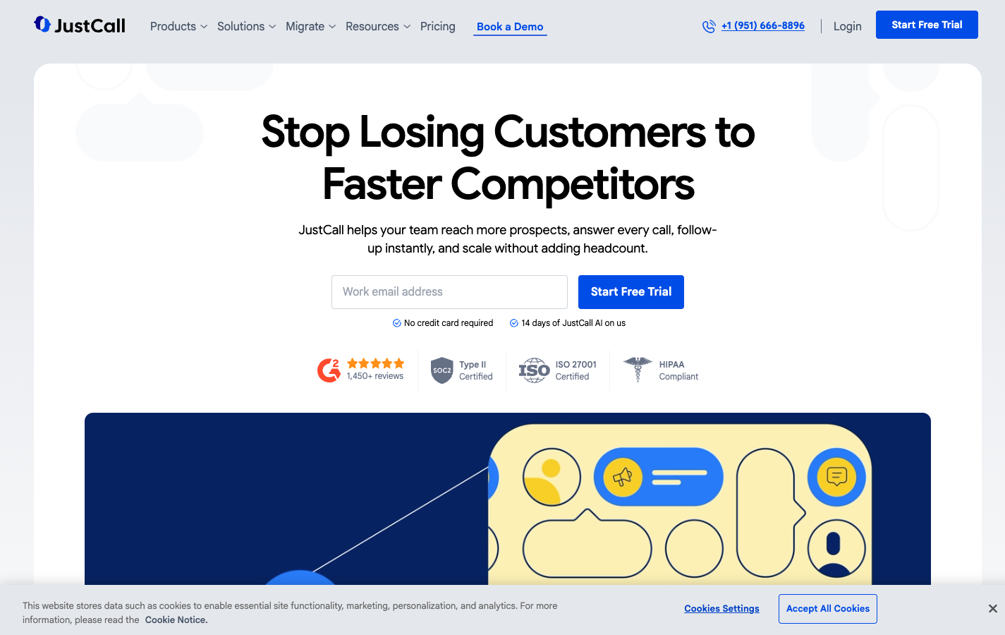 JustCall homepage Feb 2026. 'Stop Losing Customers to Faster Competitors.'