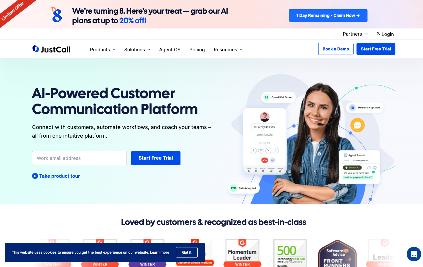 JustCall homepage Feb 2024. 'AI-Powered Customer Communication Platform.'