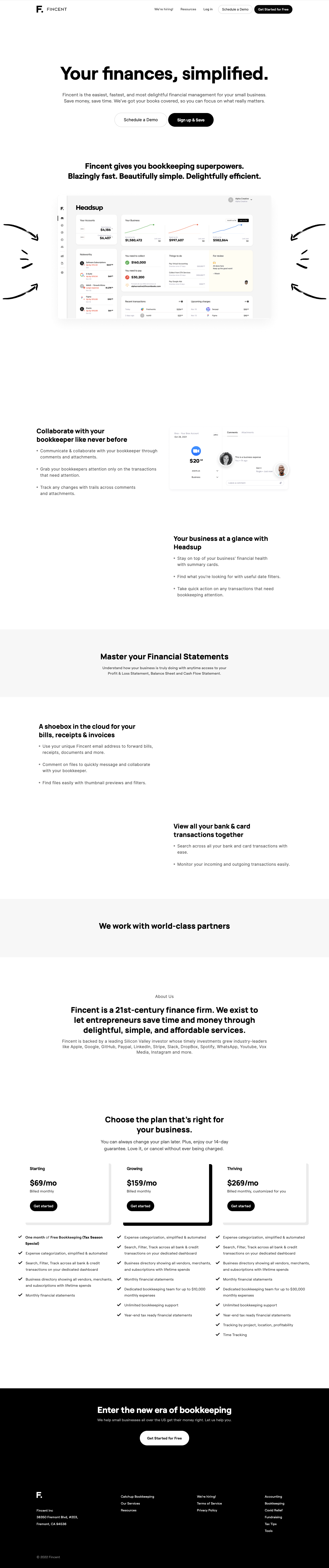 Fincent homepage, June 27 2022. Pricing-table layout, ~1700 characters.