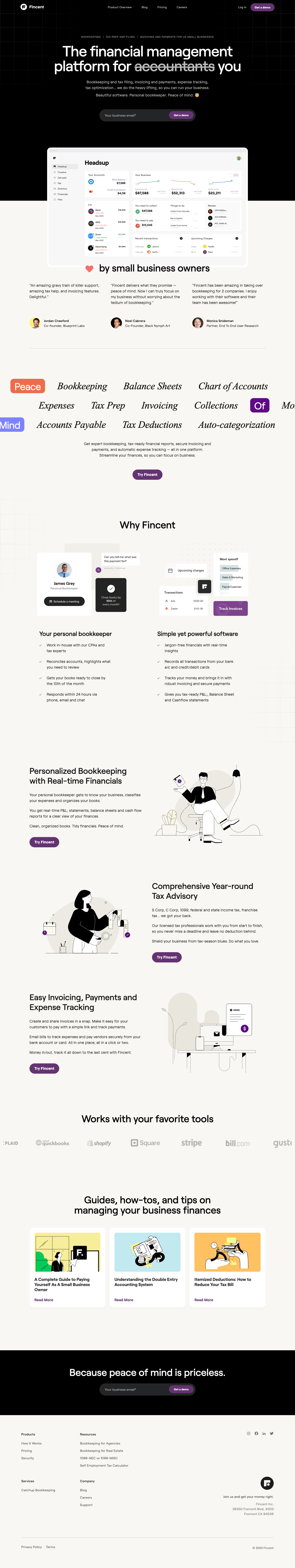 Fincent homepage, March 7 2023. VPC narrative layout, ~4300 characters with testimonials.