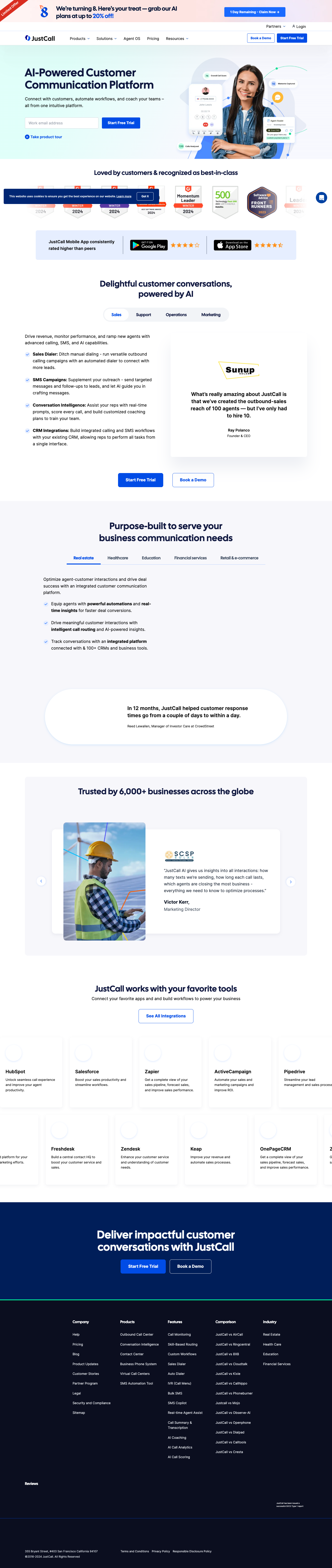 JustCall homepage refresh 1, Feb 2024. Hero: 'AI-Powered Customer Communication Platform.'