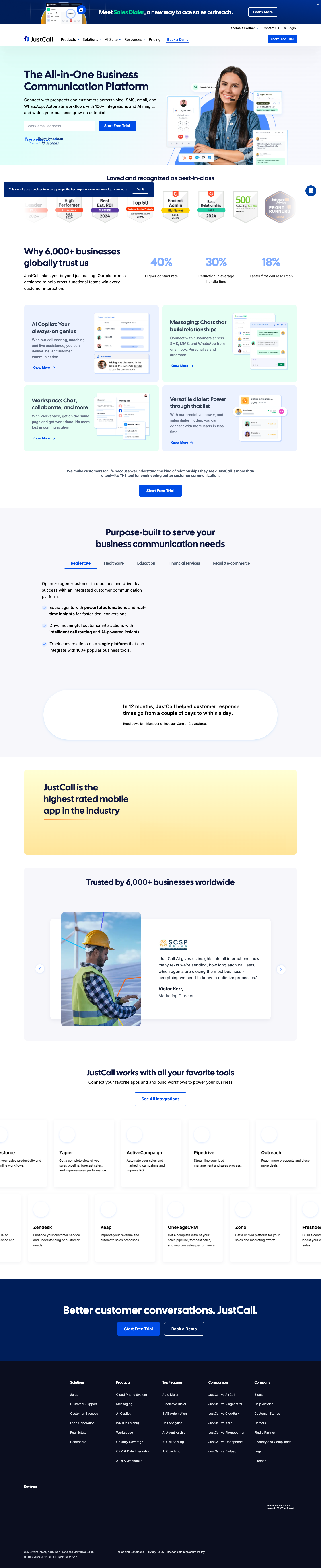 JustCall homepage refresh 2, Oct 2024. Hero: 'The All-in-One Business Communication Platform.'