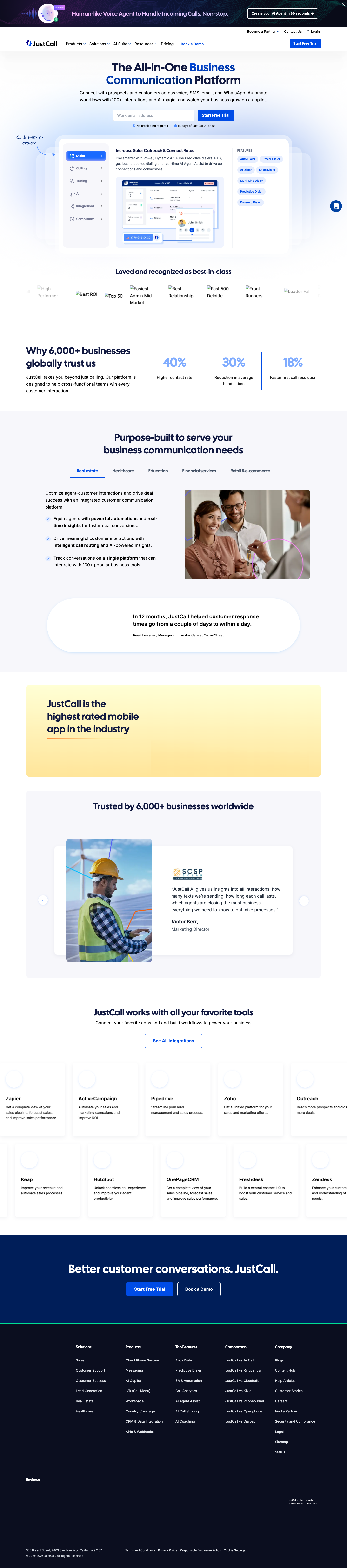 JustCall homepage refresh 3, Feb 2025. Sales outreach narrative via PPC channel.