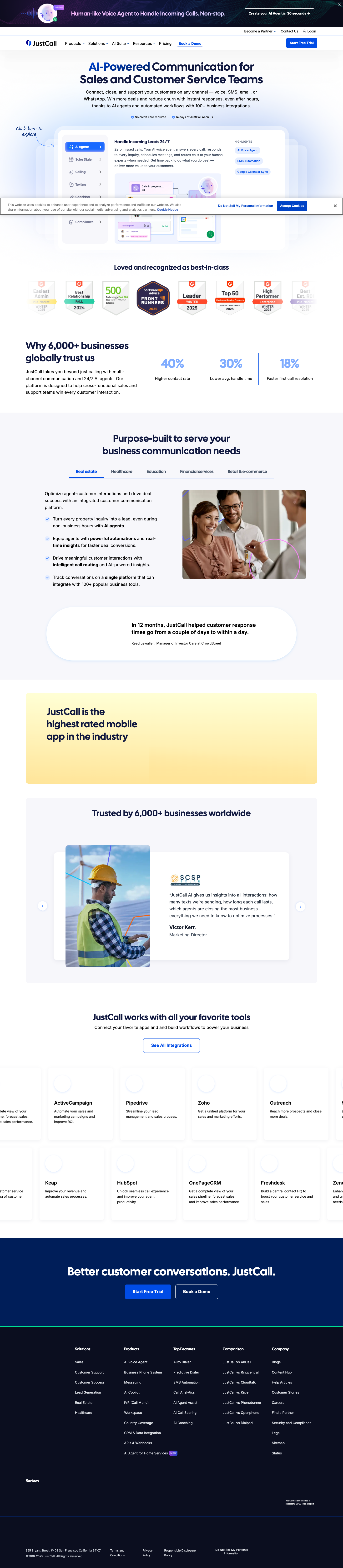 JustCall homepage refresh 4, Apr 2025. AIVA on the homepage stage.