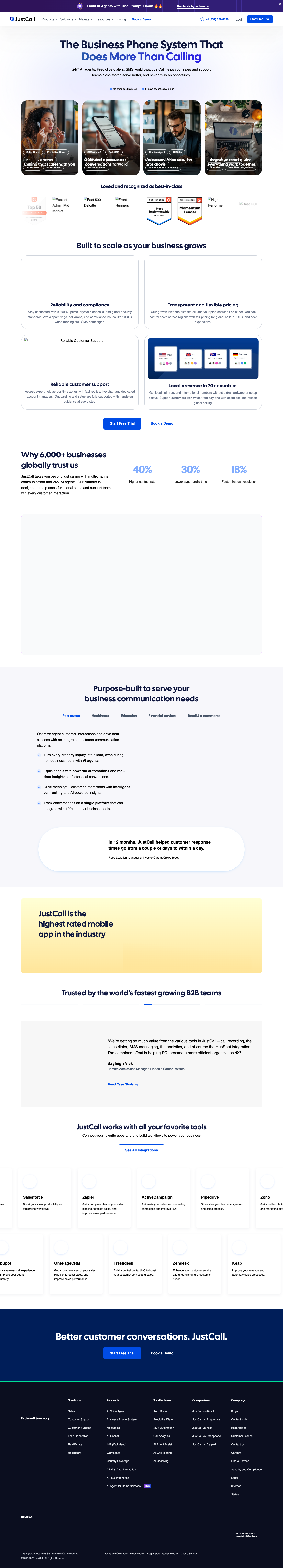 JustCall homepage refresh 5, Nov 2025. 'Business Phone System That Does More Than Calling.'