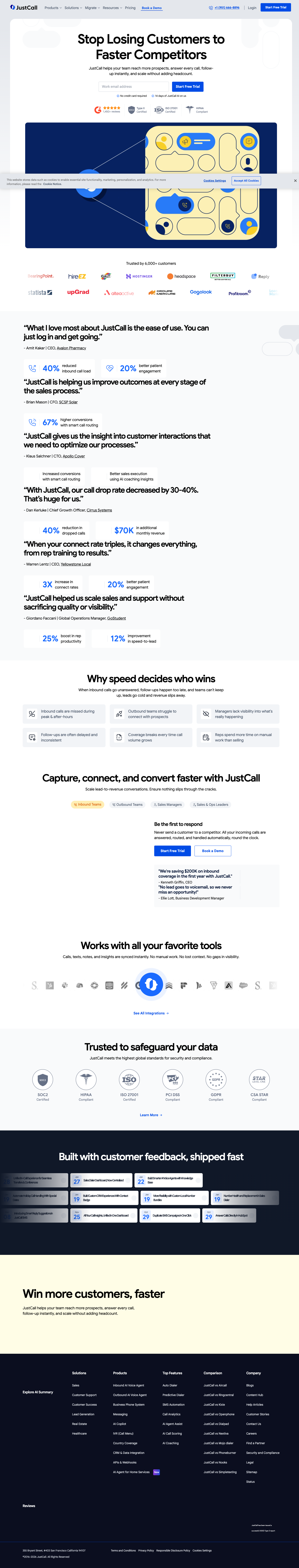 JustCall homepage refresh 6, Feb 2026. Hero: 'Stop Losing Customers to Faster Competitors.'