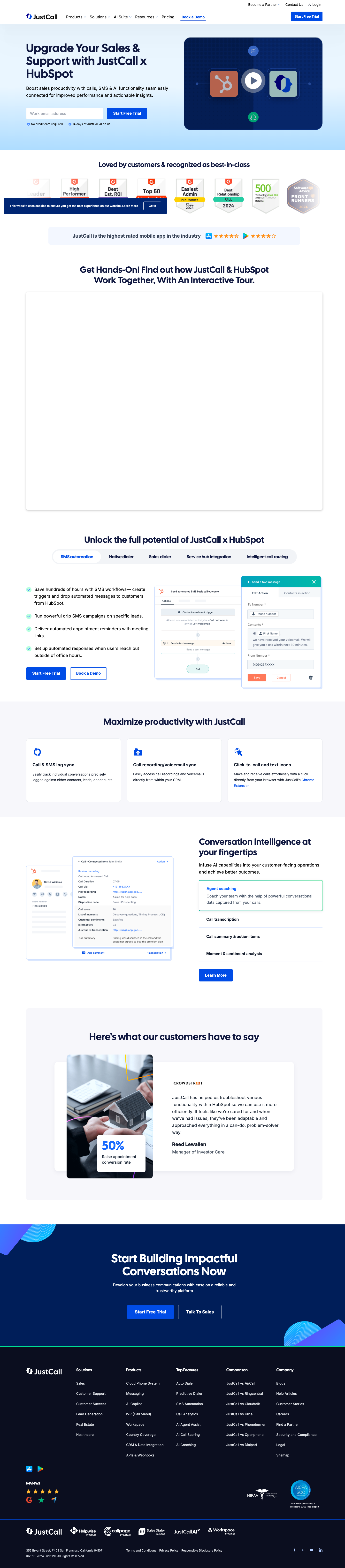 JustCall HubSpot integration page, November 11 2024, V2 just shipped.