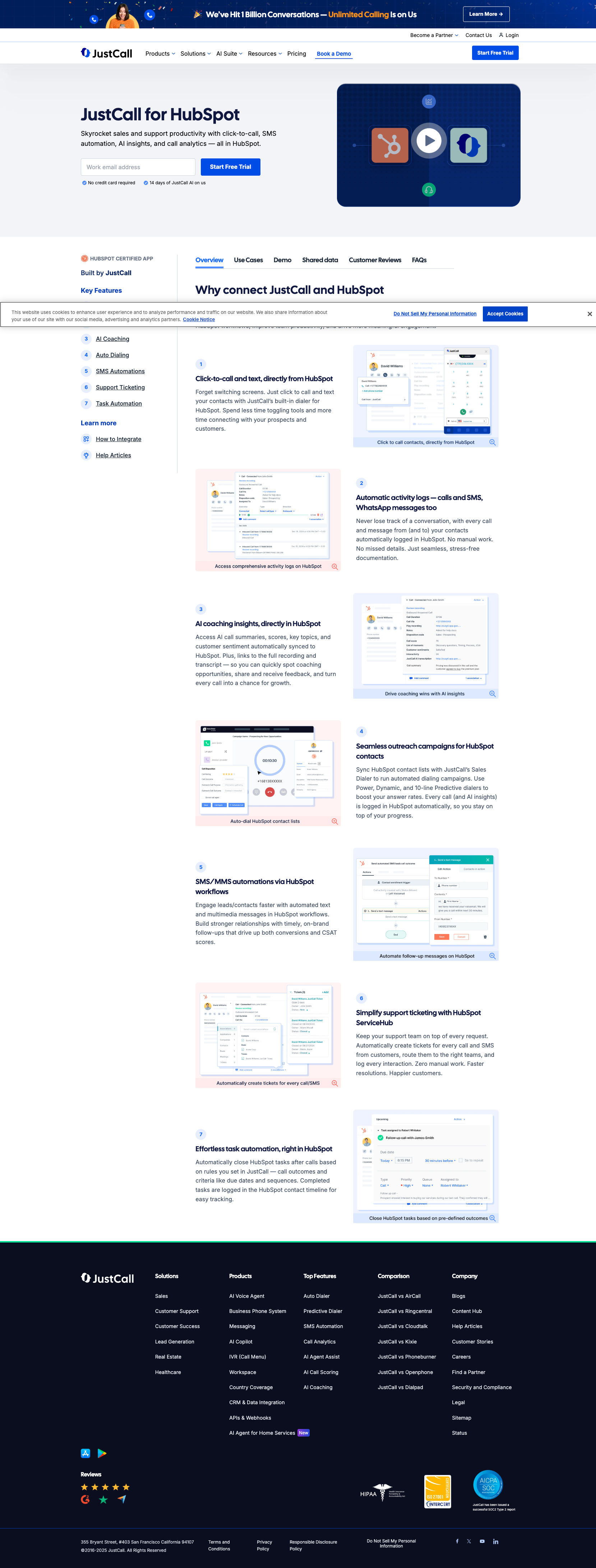 JustCall HubSpot integration page, June 18 2025, V2 settled.