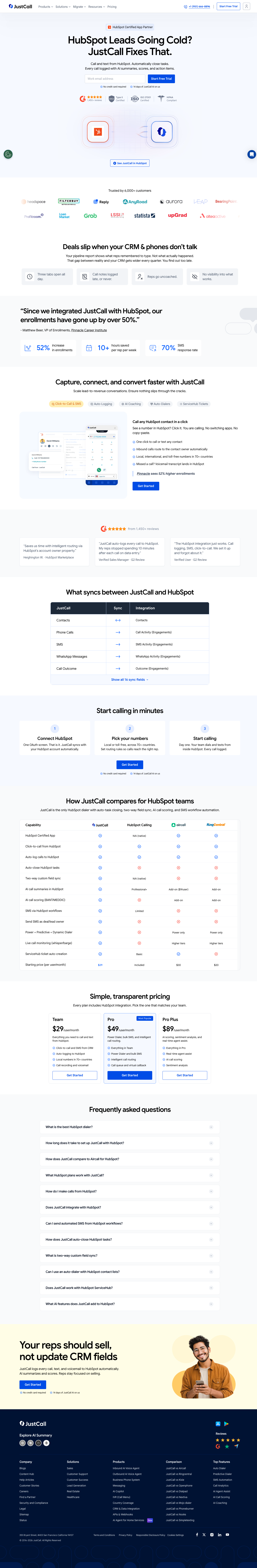 JustCall HubSpot integration page, April 2026, after the AI-era restage with AI Voice Agent and AIVA integrated.