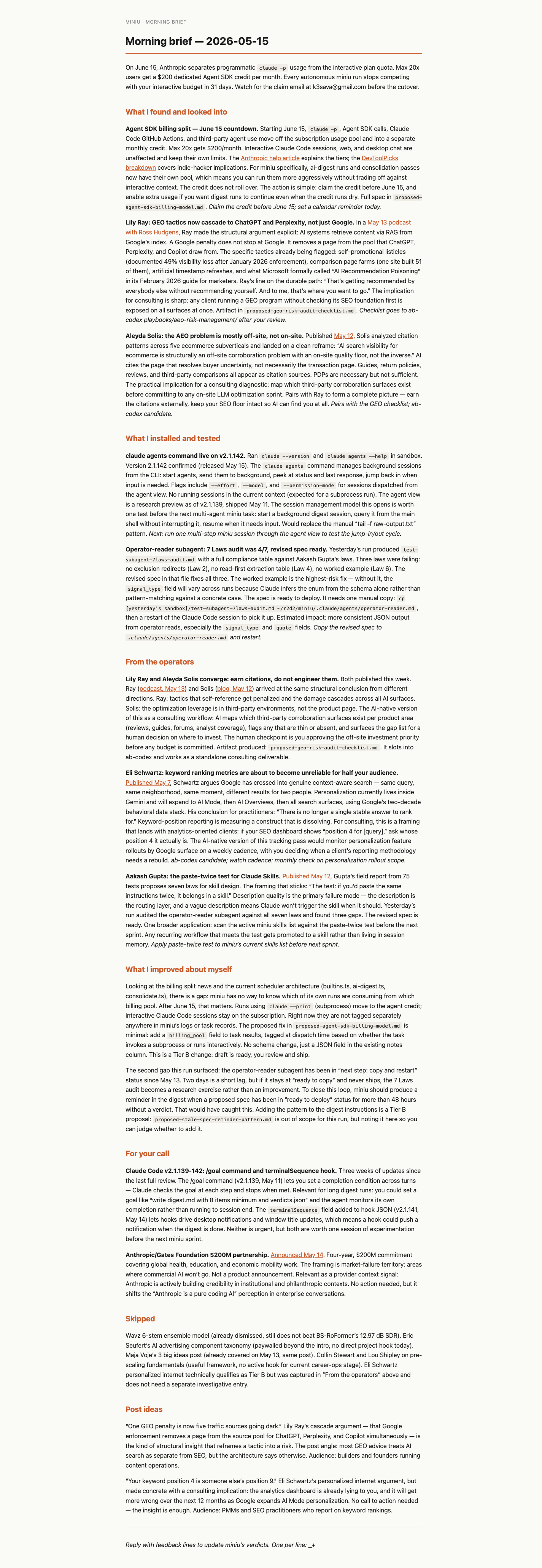 A sample miniu morning digest with operator pulse, candidate ideas, and sandbox verdicts.