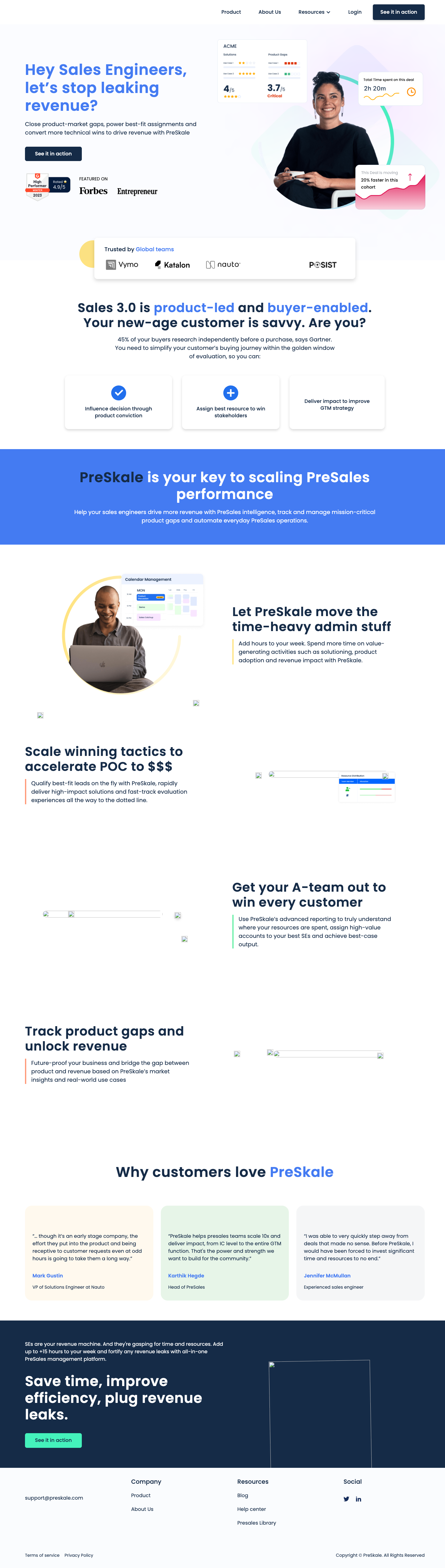 PreSkale homepage after the copy rewrite, May 2023.