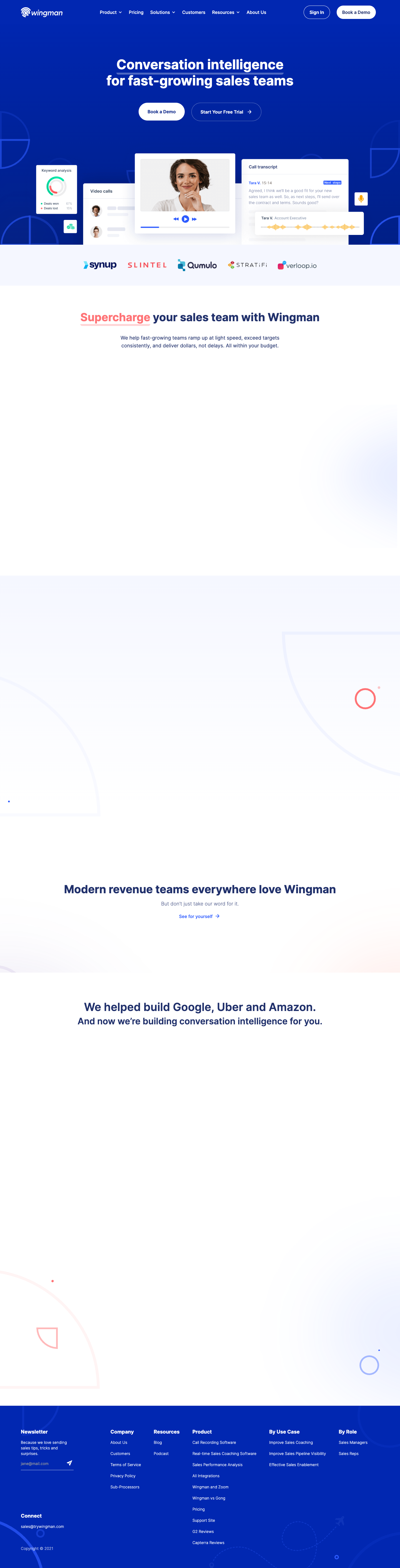 Wingman homepage, July 25 2021. Hero: Conversation intelligence for fast-growing sales teams.