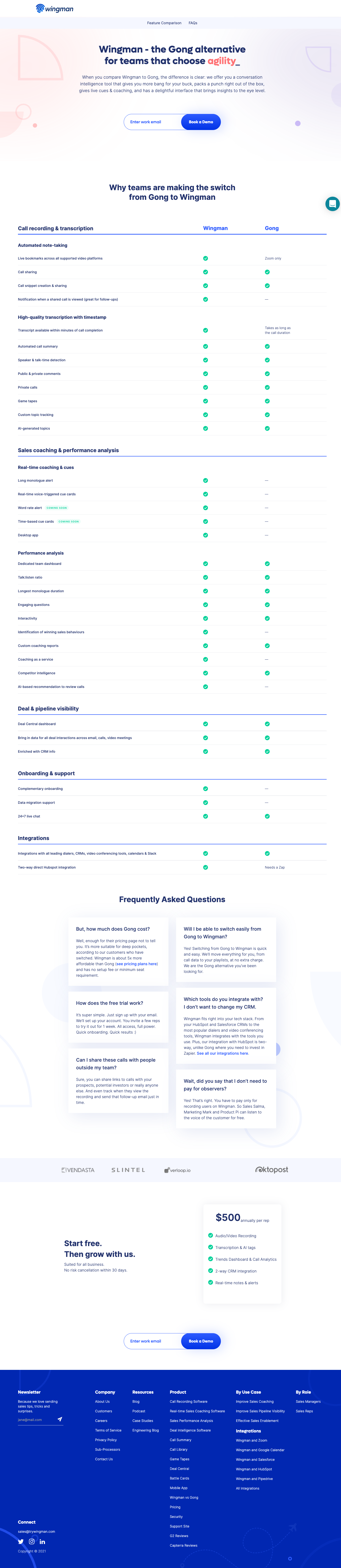 Wingman the Gong alternative landing page, January 2022. Long-form comparison covering call recording, sales coaching, performance analysis, ease of use, customer support, integrations. FAQ section at bottom.