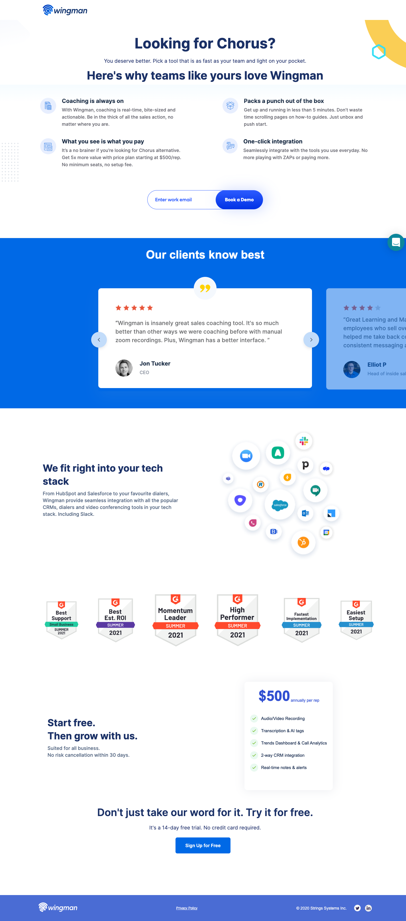Wingman vs Chorus comparison landing page, January 2022. Hero: Looking for Chorus? You deserve better. Coaching-first reframe.