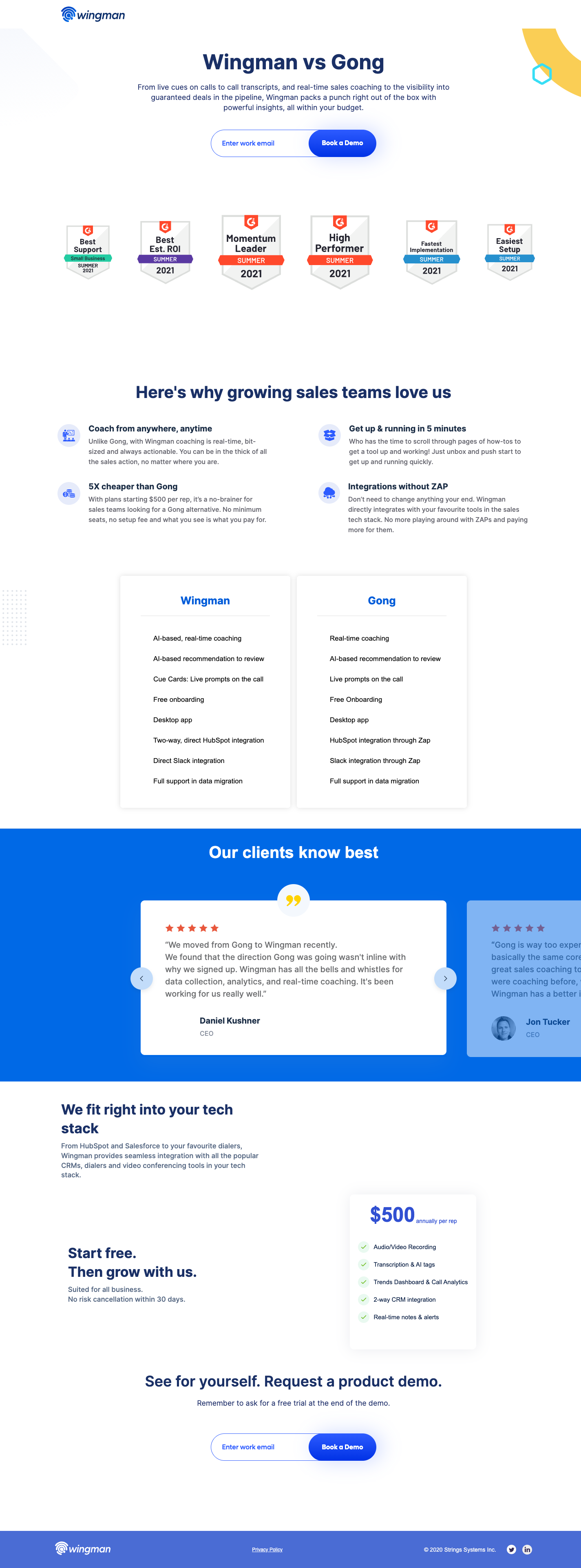 Wingman vs Gong comparison landing page, January 2022. Hero: Wingman vs Gong. Sub-text leads with budget-honest framing. Feature table compares both products line by line.