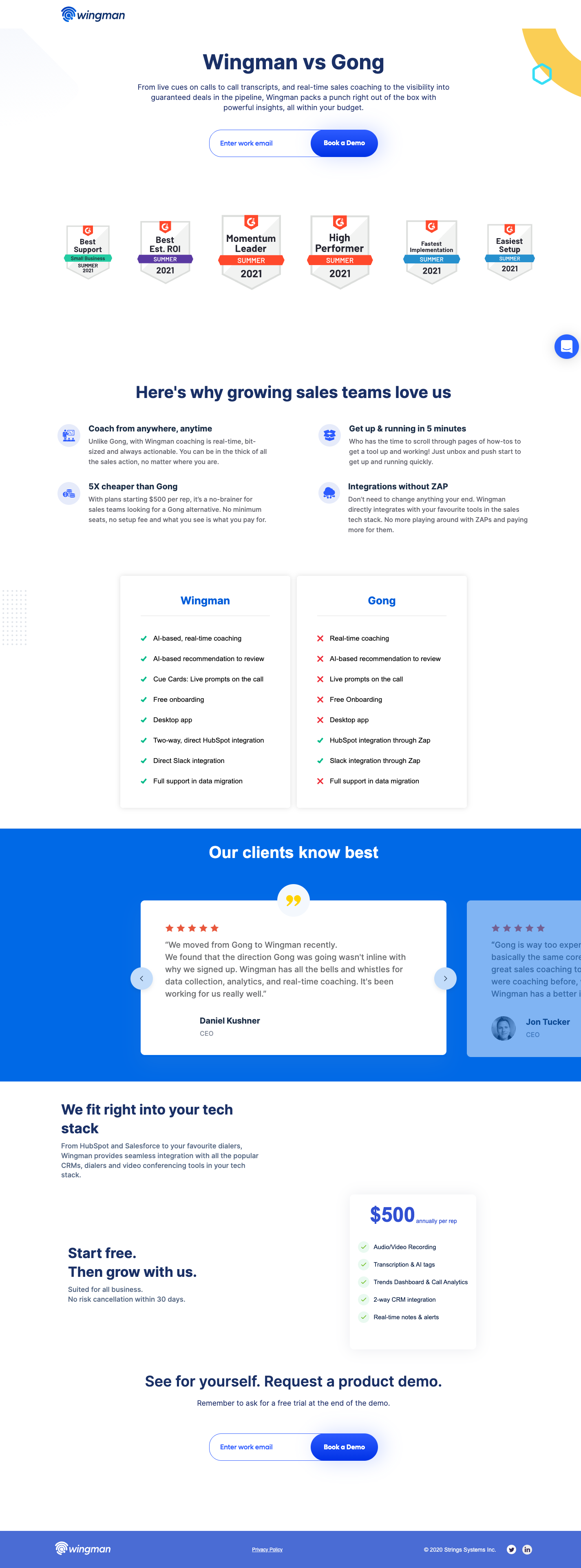 Wingman vs Gong Black Friday variant landing page, December 2021. Hero unchanged. Comparison table identical. Seasonal entry point for Q4 budget cycle.